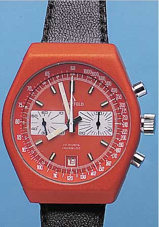 HERZFELD ARMBANDCHRONOGRAPH, SCHWEIZ UM 1974METALLGEH. ORANGE MATTIERT, EDELST.-SCHR.- BODEN, BEI FERTIGST. WASSERGESCH., MINERAL- FLACHGL., ...