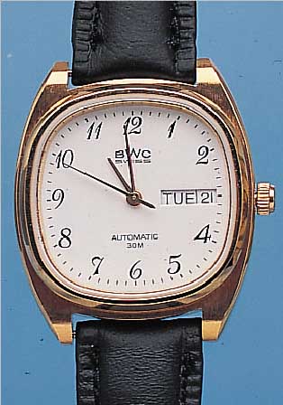 BWC HERRENARMBANDUHR AUTOMATIK, REF.-NR. 744-3133/25, SCHWEIZ UM 1978, METALL HARTVER- G., EDELST.-SCHR.-BODEN, MINERALFLACHGL., TAG U. DATUM, ...