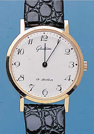 GLASHÜTTE HERRENARMBANDUHR, METALLGEH. HART-VERG., BODEN GEDR., EMAILFARB. KONTRASTZIFFER-BL. M. ARAB. ZIFFERN, DAMENANKERFORMWERK GUB- KAL. 09/20, ...