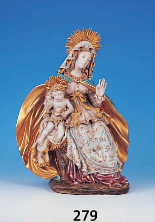 PORZELLANFIGUR, ITALIEN, SIGN. PROF. PARTIA- RINO, MADONNA MIT KIND, BUNT BEMALT, REICH VERGOLDET, STRAHLENKRANZ LEICHT REST., H. CA. 45 CM