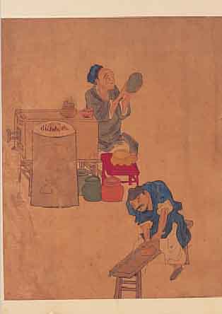 ALBUM, CHINA UM 1900, 12 BEMALTE SEIDENTAFELN, HANDWERKER, Z.T. M. STEMPELSIGNATUREN, HOLZEINBAND, LEICHTE ...