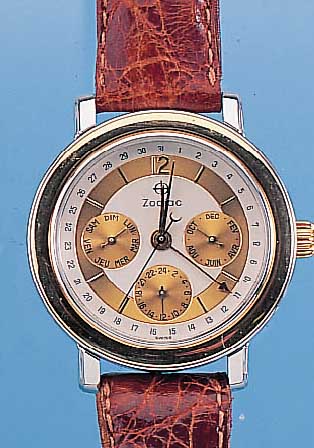 ZODIAC HERRENARMBANDUHR, SCHWEIZ UM 1988, EDELST. POL., BODEN U. GLASR. GEDR., BEIDS. VERGL., LüNETTE U. KRONE HARTVERG., VOLLKALEN-DERANZ. ...
