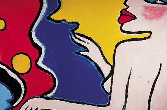 Alinka, Pop-Art Künstler, wohl Berlin (Pseu- donym?), hier: Von einer Frau träumender Rau- cher, Öl/Pressholz, sign., 150 x 150 cm, (Ek- ken zum ...