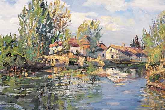 LäMMLE, WOLFGANG, BAUERNGEHöFT AM BAUMBE- STANDENEM SEEUFER, ÖL/LWD, VERSO AUF DEM KEILRAHMEN SIGN., CA. 40 X 55 CM, R.