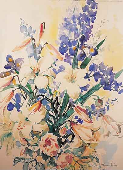 LäUBIN, HANS, 1904 PFORZHEIM-1982, SCHüLER DER AKADEMIE KARLSRUHE, HIER: BLUMENSTILLEBEN, MEHRFARBIGES AQUARELL AUF PAPIER, ...