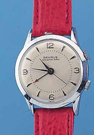 BENRUS ARMBANDWECKER, REF.-NR. 660787, SCHWEIZ UM 1964, METALL VERCHR., EDELST.-BODENGEDR., RUNDANKERW., BAUWEISE AS, MODELL DS15, 17 ST., ...