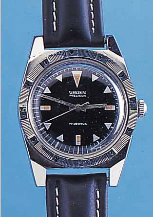GRUEN HERRENARMBANDUHR MODELL PRECISION, REF.-NR. 510RSS, SCHWEIZ/FRANKREICH UM 1964, EDELST., BODEN GESCHR., TAUCHERDESIGN, LüNETTEBEIDS. ...