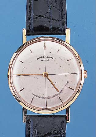 FAVRE LEUBA HERRENARMBANDUHR, REF.-NR. 40377/565, SCHWEIZ UM 1962, GG 750/000, FLACHEAUSF., BODEN U. GLASR. GEDR., ORIG.-BLATT FL.,RUNDANKERW. ...