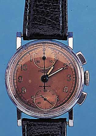 IMPERIAL ARMBANDCHRONOGRAPH NON MAGNETIQUE, REF.-NR. 225719, SCHWEIZ UM 1948, METALL VER- N., BODEN U. GLASR. GEDR., AUF BODEN WIDMUNGS-GRAV. 1948, ...
