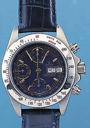 ORFINA ARMBAND-CHRONOGRAPH, SCHWEIZ UM 1999, EDELSTAHL TEILW. POL., BOD., KRONE U. DRüCKER GESCHR., BEI FERT.-STELL. WASSERD. ...