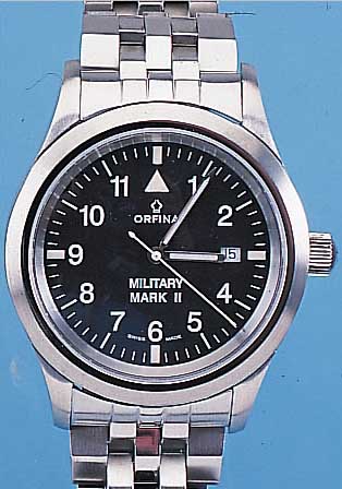 ORFINA FLIEGERARMBANDUHR MILITARY MARK II, REF.-NR. 6190, SCHWEIZ 1998, EDELSTAHL MATT. INCL. EDELST.-BAND M. SICHERH.-FALTSCHL., BOMB. ...