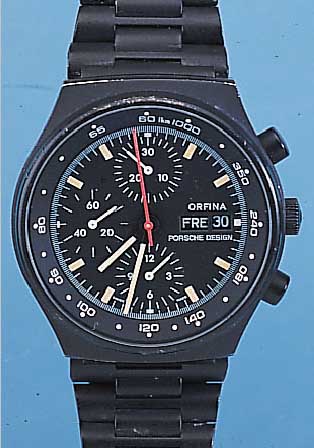 ORFINA ARMBAND-CHRONOGRAPH PORSCHE-DESIGN, SCHWEIZ UM 1995, METALLGEH. U. BAND SCHWARZ MATT., BOD. GESCHR., MINERALFLACHGL. ENTSPIEG.BESCHICHT., ...
