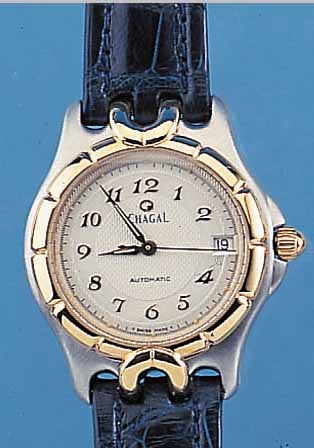 CHAGAL HERRENARMBANDUHR, SCHWEIZ UM 1995, EDELSTAHL MATT., SCHR.-KRONE U. LüN. HARTVERG., BOMB. SAPHIRGL., GUILL. U. VERS. ...