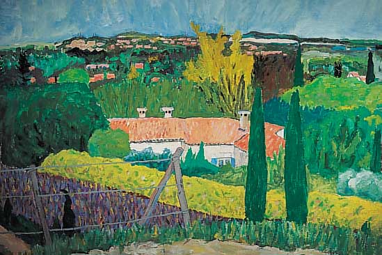Monogrammist ATB, Gehöft in mediteranner Landschaft, Öl/Rupfen monogr., 92 x 122 cm