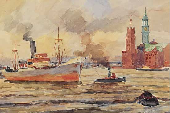 Northmann, Hans, *1883 Hamburg, Kunstge- werbeschule HH. 1903-8 (W. v. Beckerath), Aquarell, hier: Hamburger Hafen, Michel und Kehrwieder, ...