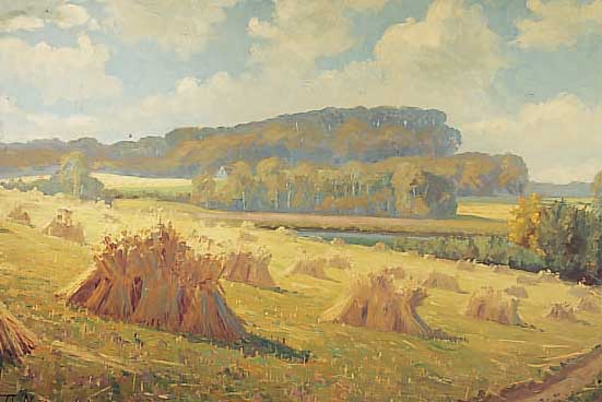 NYGAARD, THORVALD, *1892 - 1973, DäNISCHER KüNSTLER, HIER: LANDSCHAFT MIT HEUGARBEN, ÖL/ LWD., SIGN., BEZ. U. DAT. SANDBJERG 48, 67 X 97 CM, R.