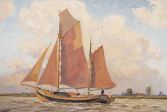 PRIEBE, RUDOLF, *1889 SCHULAKOWO, MARINEMA- LER, WAR TäTIG IN HAMBURG, HIER: SEGELSCHIFF AN DER KüSTE, ÖL/HARTFASER, 54 X 71 CM, R.