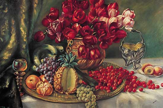 Unbek. Künstler Anfang 20. Jh., Stilleben mit Tulpen, Früchten und Weinglas, Öl/Lwd. unleserl. sign. (H. Dallmann o.ä.), 62 x 92 cm, R. ...