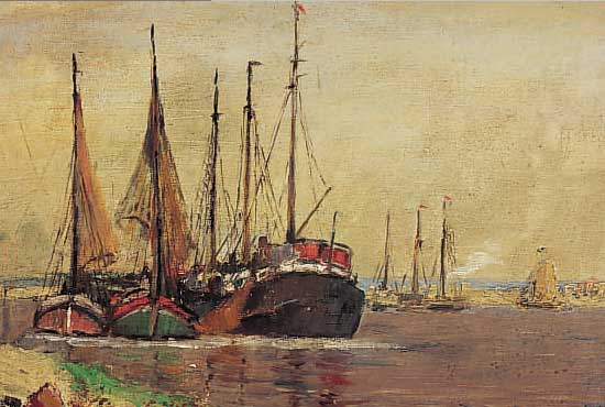 Volbrecht, Ernst, *1877 Hannover, wirkte in Hamburg, kleine Hafenszene mit Fischerbooten, Öl/Lwd./Malkarton sign., 40 x 50 cm, R.