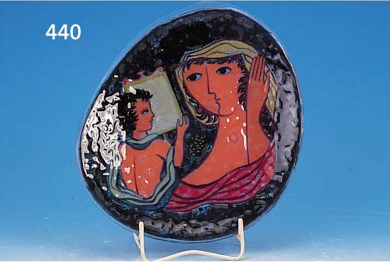TELLER, WOHL FRANKREICH, 50ER JAHRE, SIGN. WOHL HILLERT, ZWISCHENGLAS BEMALT, CA. 28X24CM