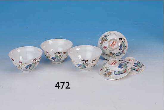 SIEBEN FLACHE U. DREI HOHE SCHäLCHEN, JAPAN, UM 1900, SOG. EIERSCHALENPORZELLAN, 6 FLACHESCHäLCHEN: FRAU IN KIMONO, D. 9 CM; 1 X VöGEL D. 9 CM, ...