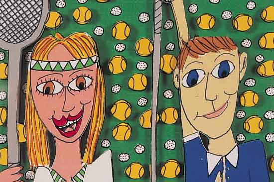 RIZZI, JAMES, SHE LIKES TENNIS-HE LIKES GOLF, DREIDIMENSIONALE FARBLITHOGRAPHIE VON 97, HANDSIGNIERT UND NUM. A/P XI/L, CA. 10 X 12,5 CM, PP, ...