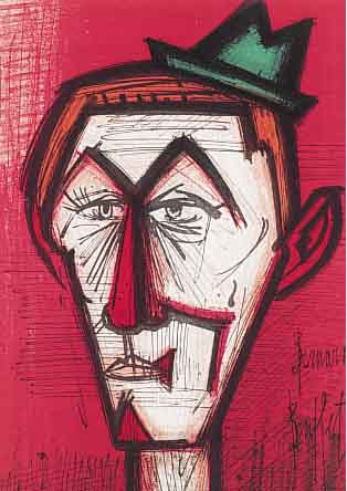 BUFFET, BERNARD, CLOWN AUF ROTEM GRUND, FARBLITHOGRAPHIE AUF BüTTEN, MOURLOT PARIS 1967, CA. 31 X 23,5 CM, PP
