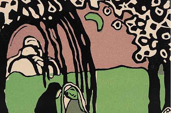 KANDINSKY, WASSILY, ZWEI FRAUEN IN MONDLAND-SCHAFT, FARBHOLZSCHNITT AUS: REGARD SUR LE PASSé, AUFLAGE 100 EXEMPL., IM IMPRESSUM VON NINA ...