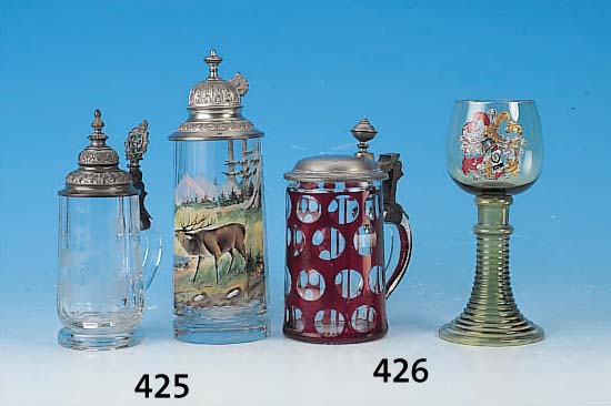 RöMER, DEUTSCH, STUDENTIKA, DAT. 1905/06, GRüNES GLAS, BUNTE WAPPENMALEREI IN EMAIL- FARBEN, RüCKSEITIG MIT WIDMUNG, H. 20 CM, MIN.AM ...