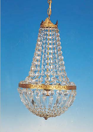 DECKENLAMPE, WOHL ITALIEN, MITTE 20. JH., GLASGEHäNGE, MESSINGMONTUREN, EINE BRENNSTEL- LE, FUNKTION NICHT GEPRüFT, H.50 CM, D.30 CM VERSCHMUTZT