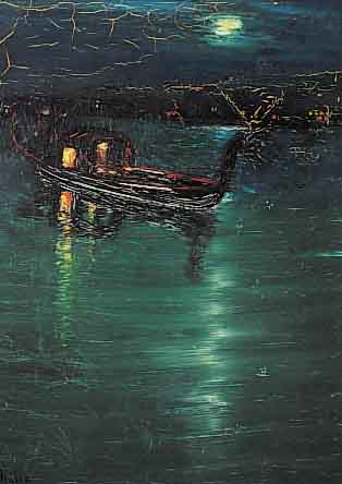MüLLER, WILLI, KüNSTLER DER 1. HäLFTE DES 20. JH., VENEZIANISCHE GONDEL BEI NACHT, ÖL/LWD, TEILS KRAKELIERT, LI. U. SIGN., CA. 50 X 40 ...
