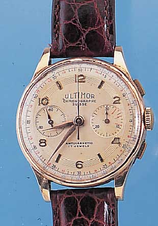 ULTIMO ARMBANDCHRONOGRAPH, REF.-NR. 1899, SCHWEIZ UM 1949, ROSE-G. 750/000, BODEN U. GLASR. GEDR., METALLCUVETTE ZUR ARMIERUNG, GEH. ...