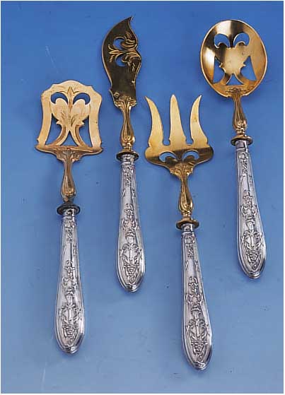 4-TEIL. PETIT-FOURS-BESTECK, FRANKREICH UM 1900, 950ER SILBER, GEBR.-TEILE METALL VERGOLDET (BER.), MEISTERMARKE BROSSE, ORIG.-ETUI