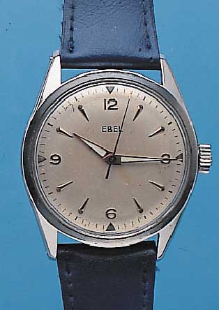 EBEL HERRENARMBANDUHR, REF.-NR. 1589, SCHWEIZ UM 1958, EDELST., BODEN GESCHR., 17 ST., ANKERRUNDWERK, KAL. 130, WOHL REVUE, HANDAUFZUG, ...