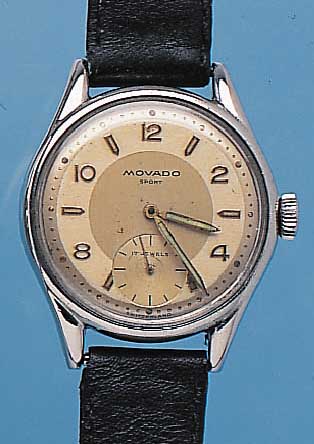 MOVADO HERRENARMBANDUHR SPORT, REF.-NR. 18127, SCHWEIZ UM 1958, METALL NACHVERCHR., EDELST.-SCHR.-BODEN, 2-FARB. VERS. BLATT L. FL., 17 ST., ...