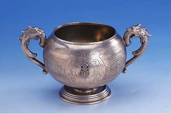 ZUCKERSCHALE, ÖSTERREICH UM 1870, 800ER SILBER, MEISTERMARKE MG UNGED., BAROCK, RUNDUM GUILLOCHIERT, 2 HENKEL MIT LöWEN?- KöPFEN, ...