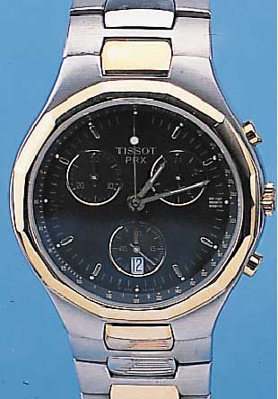 TISSOT ARMBANDCHRONOGRAPH, REF.-NR. PRXP575SCHWEIZ UM 1997, EDELST. MATT., EDELST.-BAND, DRüCKER, KRONE, LüNETTE SOWIE ZWISCHENGL. HARTVERG., ...