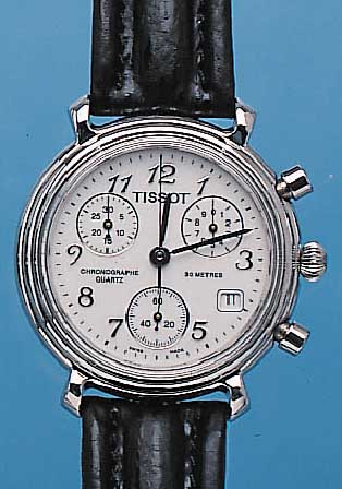 TISSOT ARMBANDCHRONOGRAPH, REF.-NR. S572, SCHWEIZ UM 1998, EDELST. POL., NEUTR. LEDERB. M. STIFTSCHL., HIGH-TECH-QUARTZWERK M. 1/10 ...