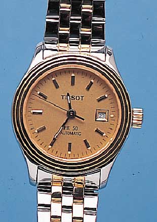 TISSOT DAMENARMBANDUHR PR 50, SCHWEIZ UM 1998, EDELST. POL. INCL. EDELST.-BAND, KRONE, LüNETTE U. ZWISCHENGL. DES BANDES HARTVERG., BEIDS. ...