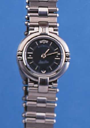 JEAN D'EVE DAMENARMBANDUHR UPSIDEDOWN, REF.-NR. 004/0153, SCHWEIZ UM 1995, EDELST. TEILW. POL., TEILW. SAT., HIGH-TECH-QUARTZWERK M. DATUM, ...