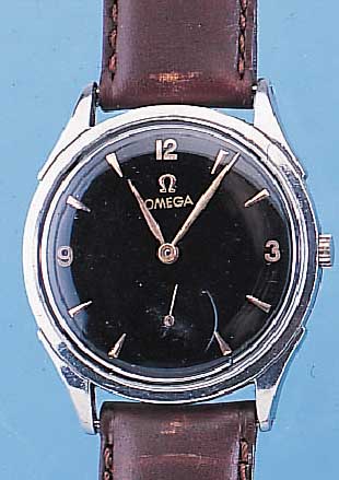 OMEGA HERRENARMBANDUHR, REF.-NR. 2415-6, SCHWEIZ UM 1950, EDELST., BODEN U. GLASR. GE- DR., BLATT REST., WERK ROTVERG., KAL. 361, SCHR.-UNR., ...