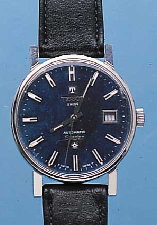 TISSOT HERRENARMBANDUHR SEASTAR, REF.-NR. 44521, SCHWEIZ UM 1967, EDELST.-BODEN GESCHR.,ORIG.-LEDERBAND M. EDELST.-STIFTSCHL., KAL. 784/1, 21 ...