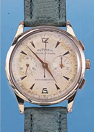 OLYMPIC ARMBANDCHRONOGRAPH, REF.-NR. 1375, SCHWEIZ UM 1949, RG 750/000, BODEN U. GLASR. GEDR., METALLCUVETTE ZUR ARMIERUNG WURDE ENT- NOMMEN, GEH. ...