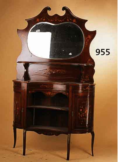 BUFFET, ENGLAND, UM 1900, MAHAGONIFURNIER MIT BLUMENINTARSIEN, SPIEGEL- EINSATZ FACETTIERT, ABGERUNDETE SEITEN, ELEGANTE FORM, ALTERSBEDINGTE L. ...