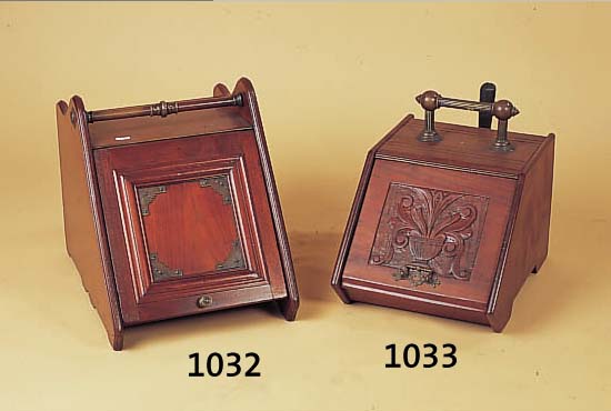 ASCHEGEFäß, ENGLAND, UM 1900/10, MAHAGONI MASSIV, METALLEINSATZ, MIT SCHAUFEL, MESSINGGRIFF, 27 X 31 X 42 CM