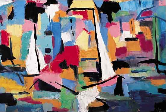 MüNCHNER MALERIN, AB 1965, SüDLICHE SEELAND-SCHAFT MIT BOOTEN, MISCHTECHNIK AUF HARTFASER,CA. 48 X 68 CM, R.