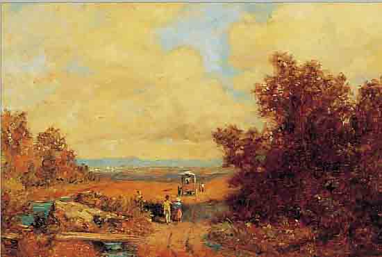 RöSCHLING, M., MüNCHNER MALER, KOPIE NACH SPITZWEG, LANDSCHAFT MIT KUTSCHE UND SPAZIER- GäNGERN, ÖL/HOLZ, RE. U. SIGN. UND BEZ.: NACH ...