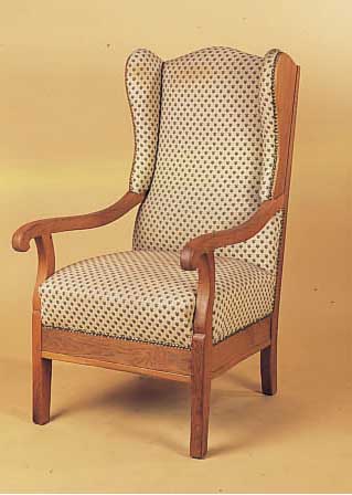 Ohrenbackensessel, deutsch, um 1850, Eiche, Polsterung und Bezug erneuert, H. ca. 112 cm, Sitzh. ca. 45 cm