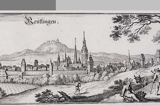 Konvolut von 2 Blatt Reutlingen und Um- gebung, 1.) Kupferstich M. Merian, Ga Reutlingen, tadelloses Exemplar, 10 x 33 cm, 2.) ...