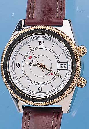BREIL ARMBANDWECKER, REF.-NR. 145, SCHWEIZ UM 1990, METALL HARTVERCHR., EDELST.-BODEN GEDR., KRONE U. LüNETTE HARTVERG., MINERAL- FLACHGL., ...